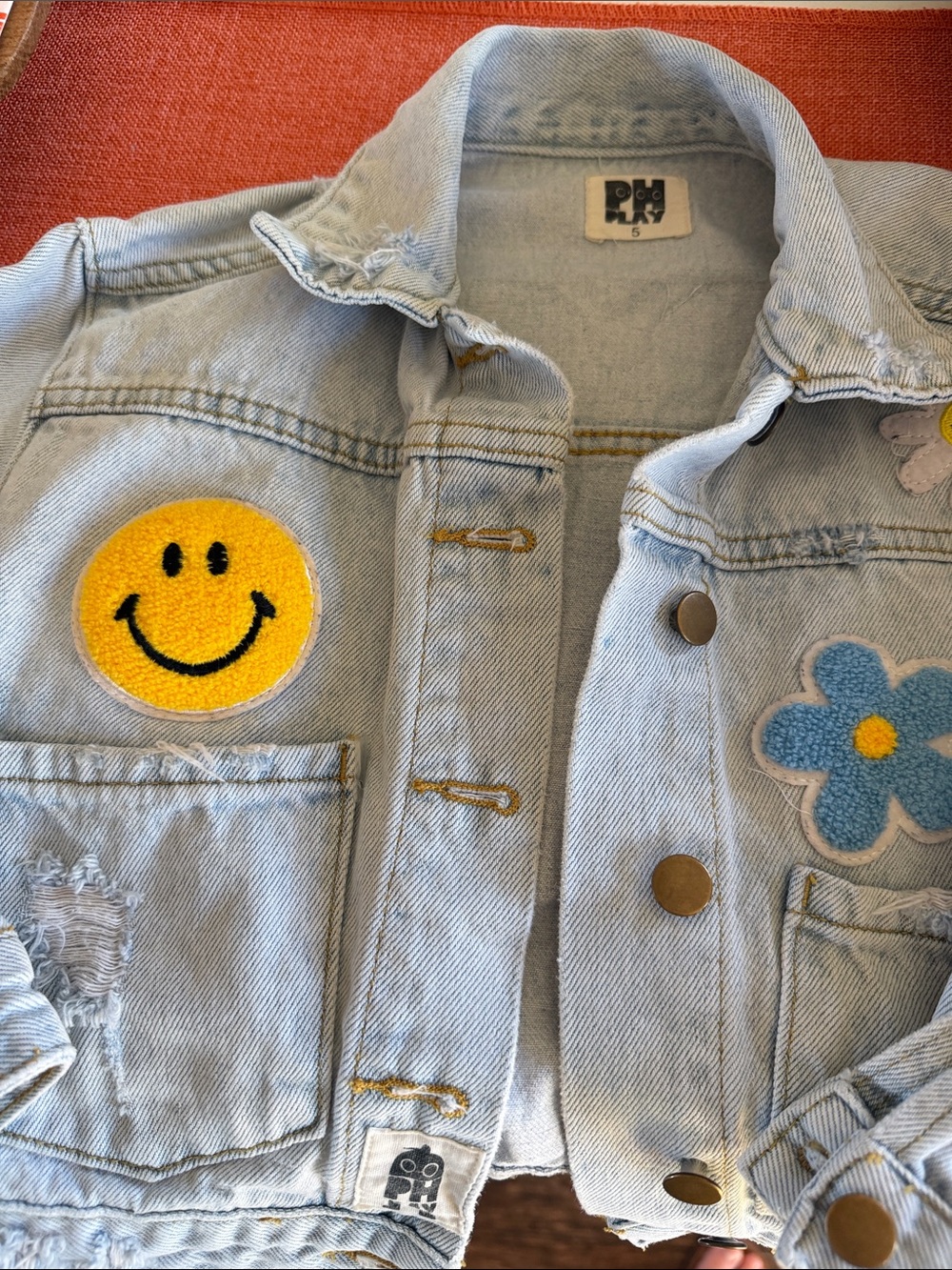 Kids Light Blue Denim Jean Jacket with Smiley and Flower Patches
